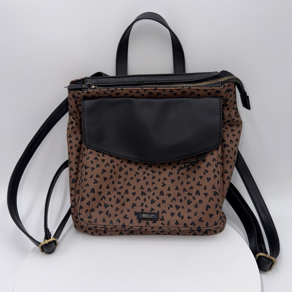 Relic by Fossil Brown With Black Hearts Convertible Backpack Purse Travel Casual